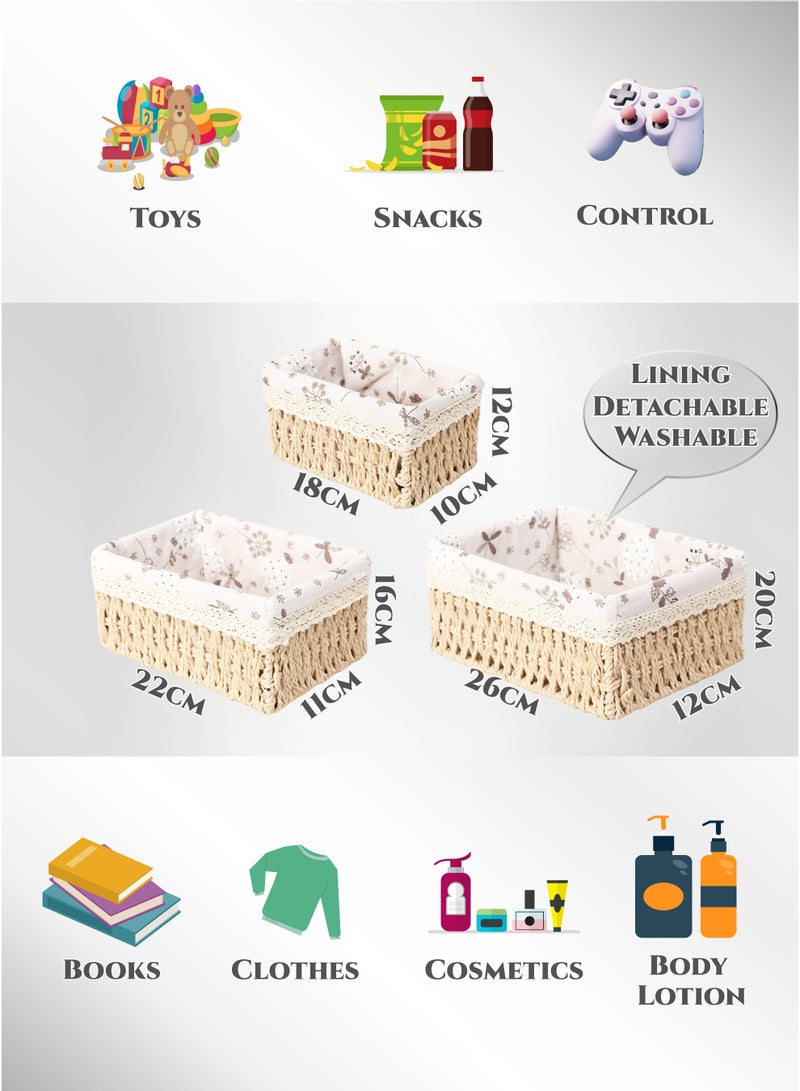 3-Piece Handwoven Natural Linen Storage Baskets  Set , Laundry Basket , Straw Rattan Basket,Washable Liner, Farmhouse Style Organizer for Cosmetics, Snacks, Toys, Books & Clothes,  for Tabletop, Cabinet , Ramadan Home Decoration,Beige - Image 4